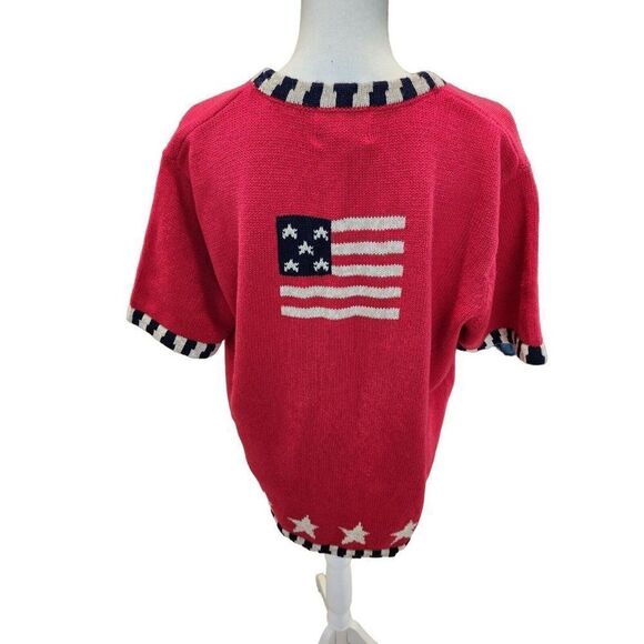 Quacker Factory Red White Blue Short Sleeve Cardigan Sweater Stars Stripe Flag L - Picture 5 of 9